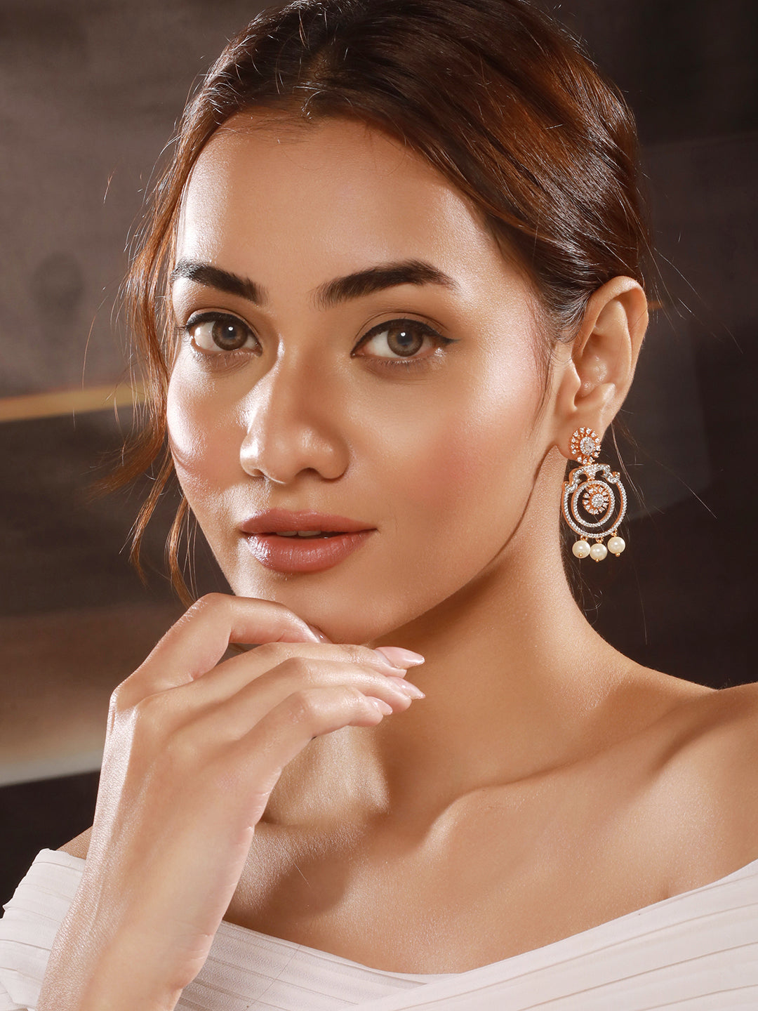 Gold Toned Cubic Zirconia & Pearl Beaded  Designer  Chandelier Chandbali Drop Earrings